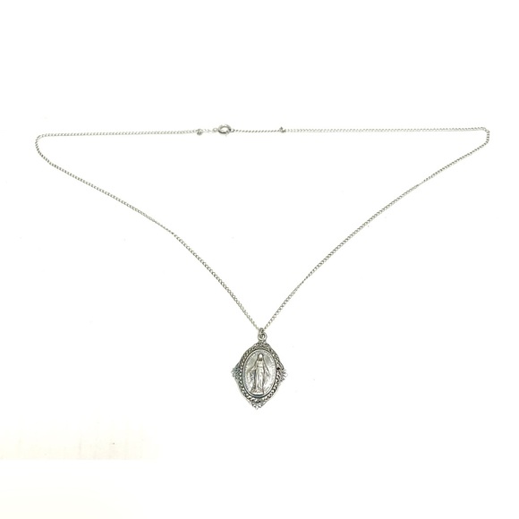 Sterling Silver Miraculous Medal Pendant Necklace with Art Deco Border, 4/5 Inch - Picture 2 of 4